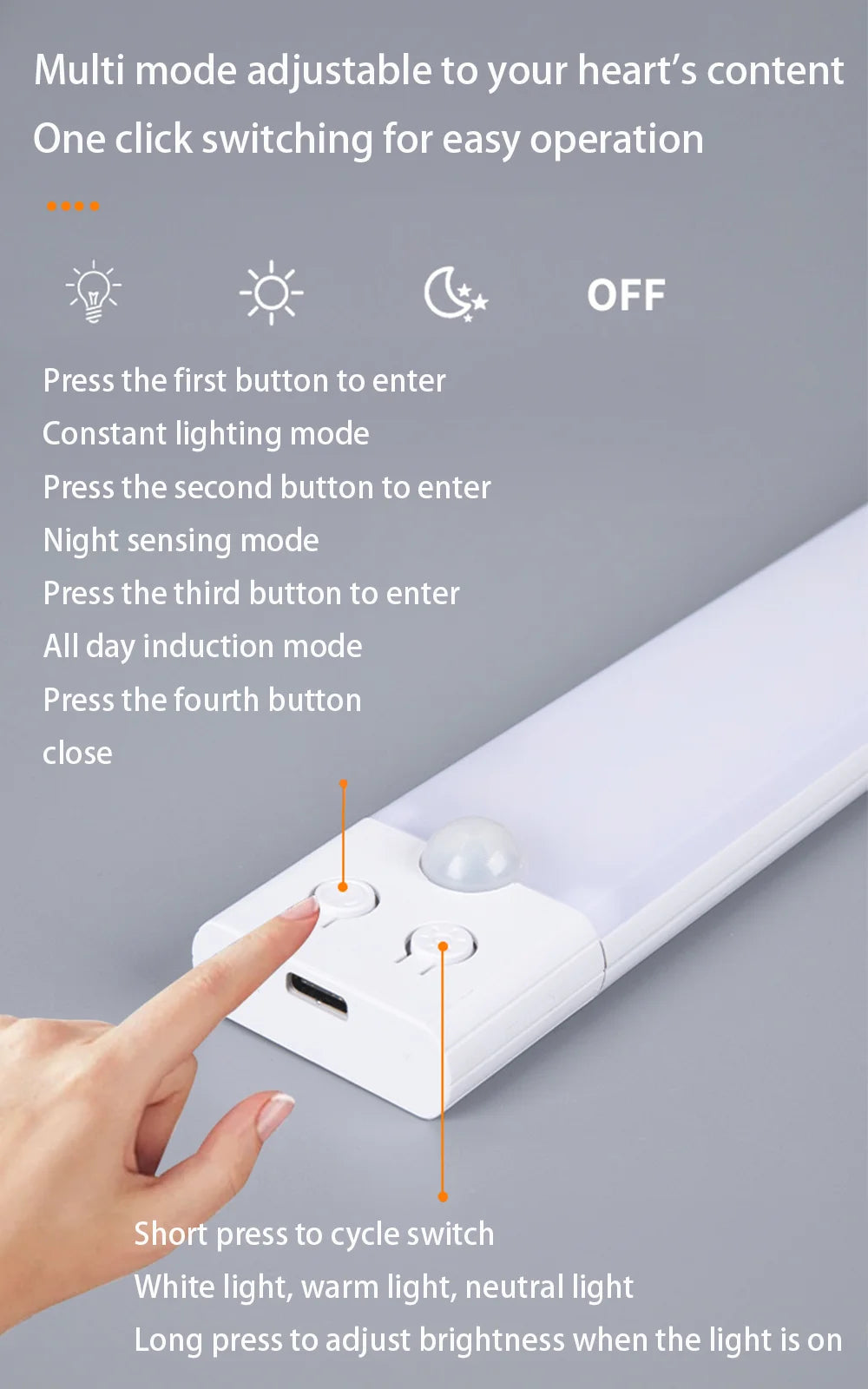 A hand presses a button on a white light fixture to cycle through different lighting modes like constant, night sensing, indu