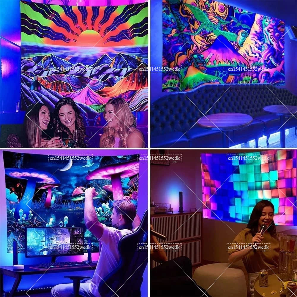 A blacklight tapestry featuring vibrant, glowing jellyfish and psychedelic colors.