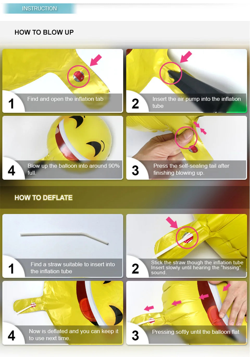 Instructional steps showing how to blow up and deflate aluminum foil champagne bottle balloons