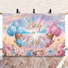 A gender reveal party decoration set featuring pink and blue balloons and a gold banner with 'Boy or Girl' text.