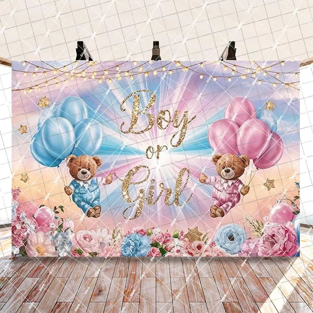 A gender reveal party decoration set featuring pink and blue balloons and a gold banner with 'Boy or Girl' text.