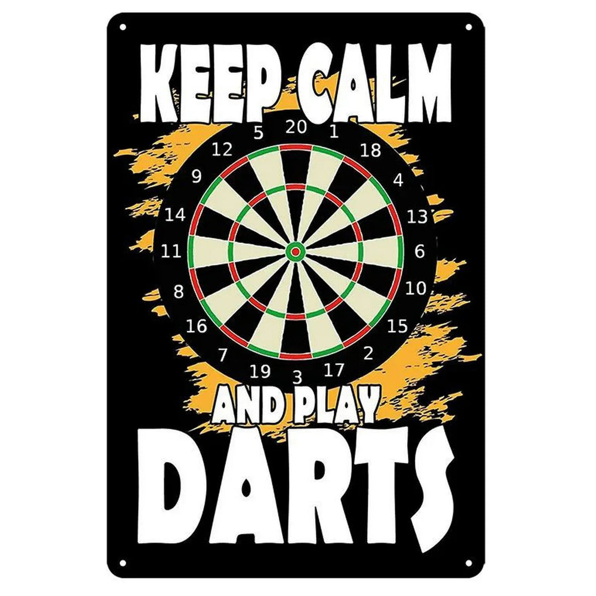 A black vintage metal sign featuring a target with the text KEEP CALM AND PLAY DARTS.