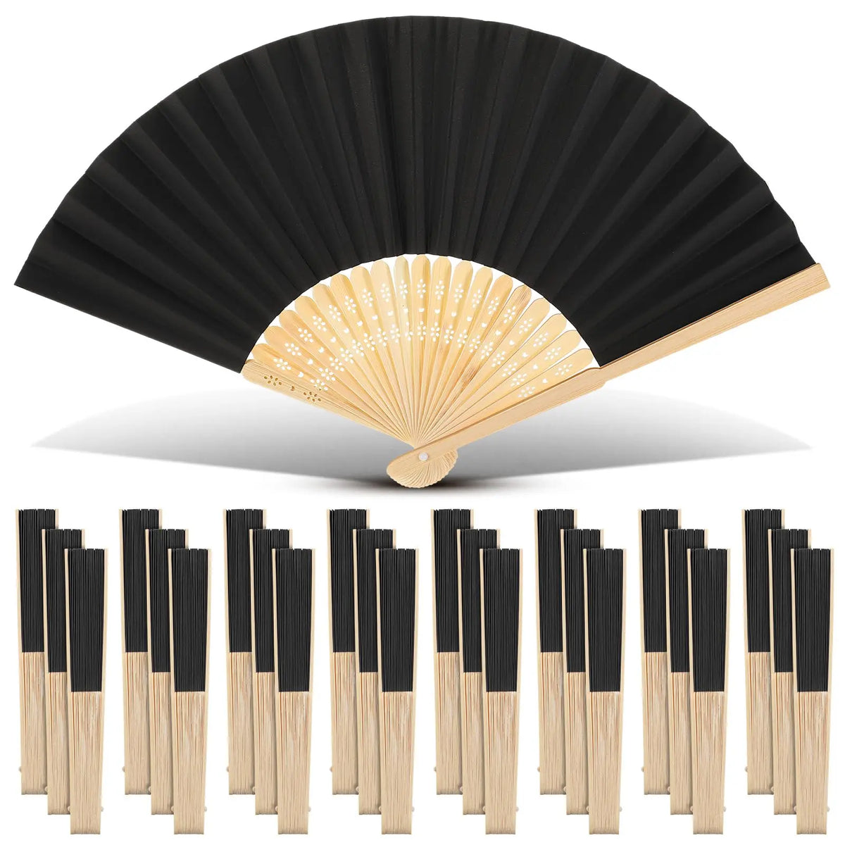 A display of elegant black and gold paper hand fans with wooden sticks and gift bags.