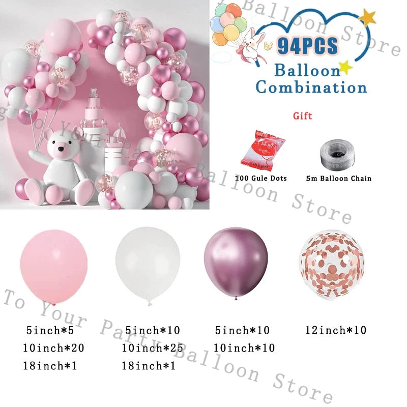 A balloon combination kit featuring pink and white balloons arranged in an arch design with a bear figure.