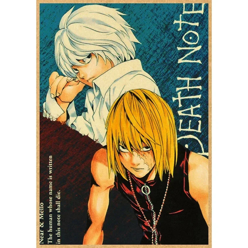 Anime artwork featuring a white-haired character looking down over an orange-haired character, with Death Note text visible.