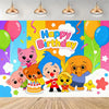 A colorful cartoon animal birthday party decoration set featuring various cute animals and balloons.