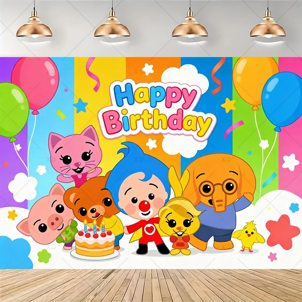 A colorful cartoon animal party decoration set featuring various cute animals and a Happy Birthday banner.