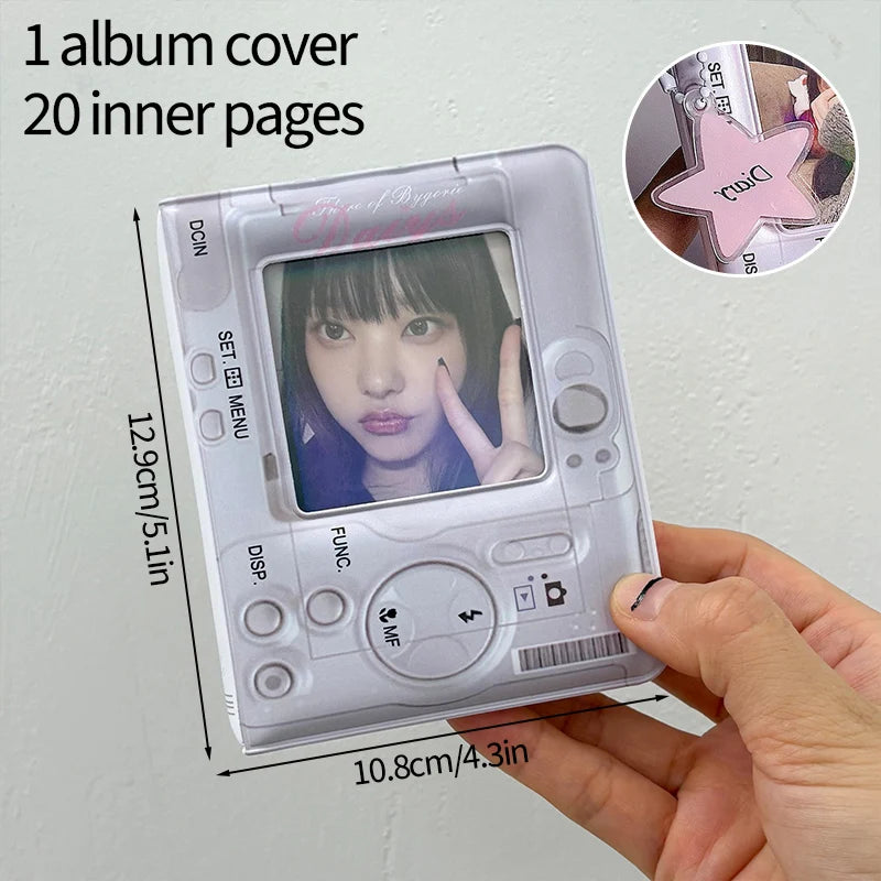 A clear plastic album cover with a pink star sticker and 20 inner pages is shown being held by a hand.