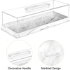 Clear acrylic cake stand with a lid featuring a rectangular marbled design.
