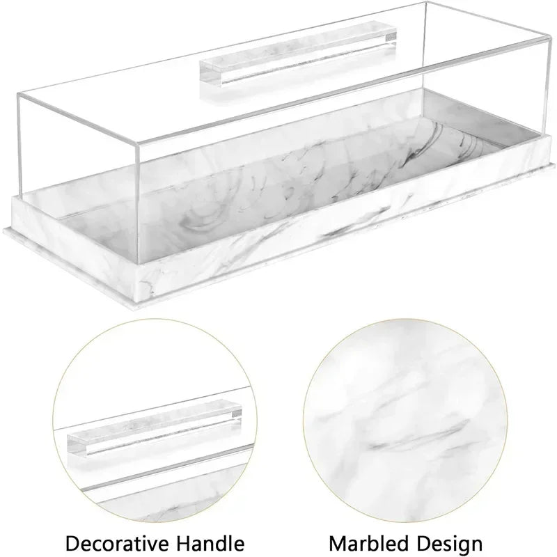 Clear acrylic cake stand with a lid featuring a rectangular marbled design.
