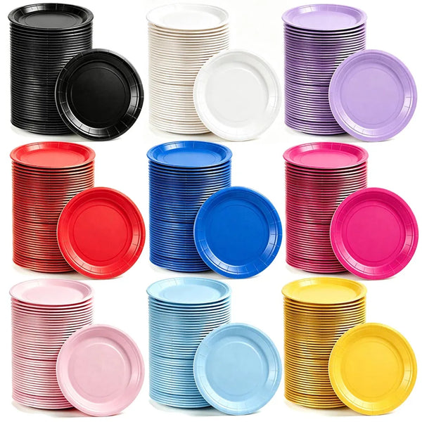 A variety pack of solid color disposable paper plates in various shades including black, white, purple, red, blue, and yellow