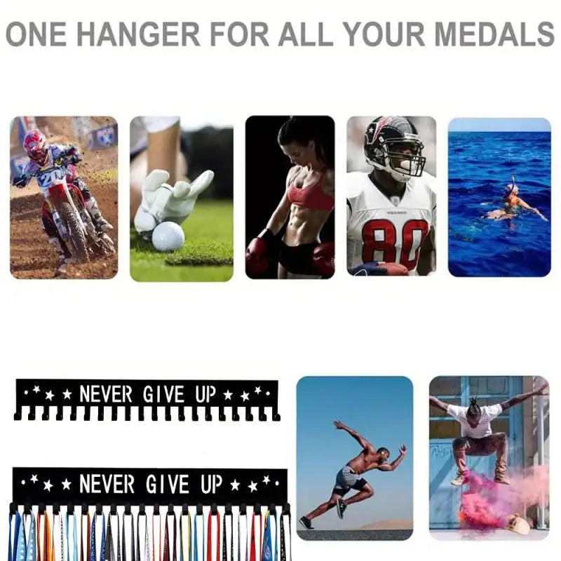 A collection of various medals and awards displayed on a wall-mounted metal hanger rack.