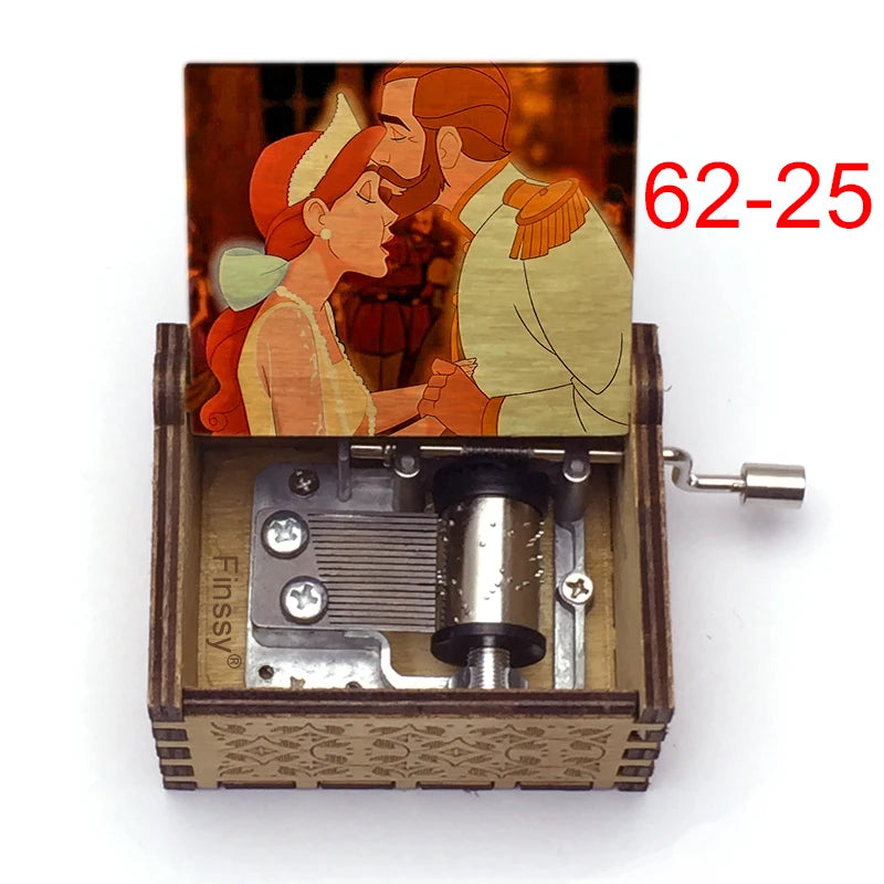 A hand-cranked wooden music box featuring an illustration of two figures in historical attire.