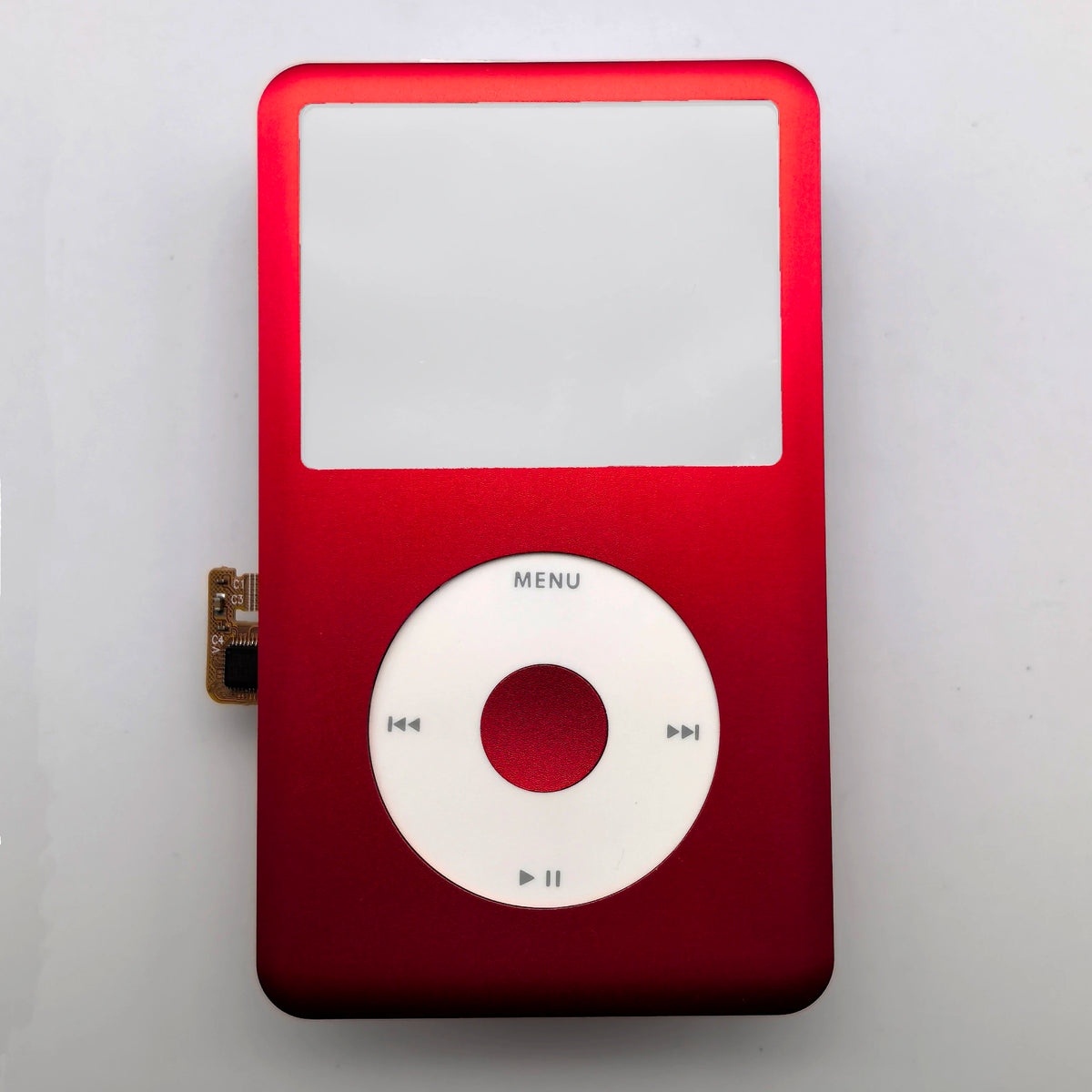 A red iPod front faceplate with a white menu clickwheel and screen area.