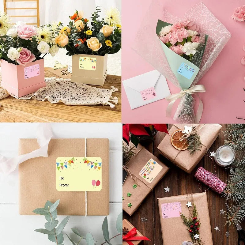 A set of pink and yellow birthday and party favor tags tied with twine and ribbon, displayed on a wooden surface.
