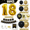 A set of 88 party balloons including foil numbers, latex balloons in black and gold, and ribbon accessories for a birthday ce