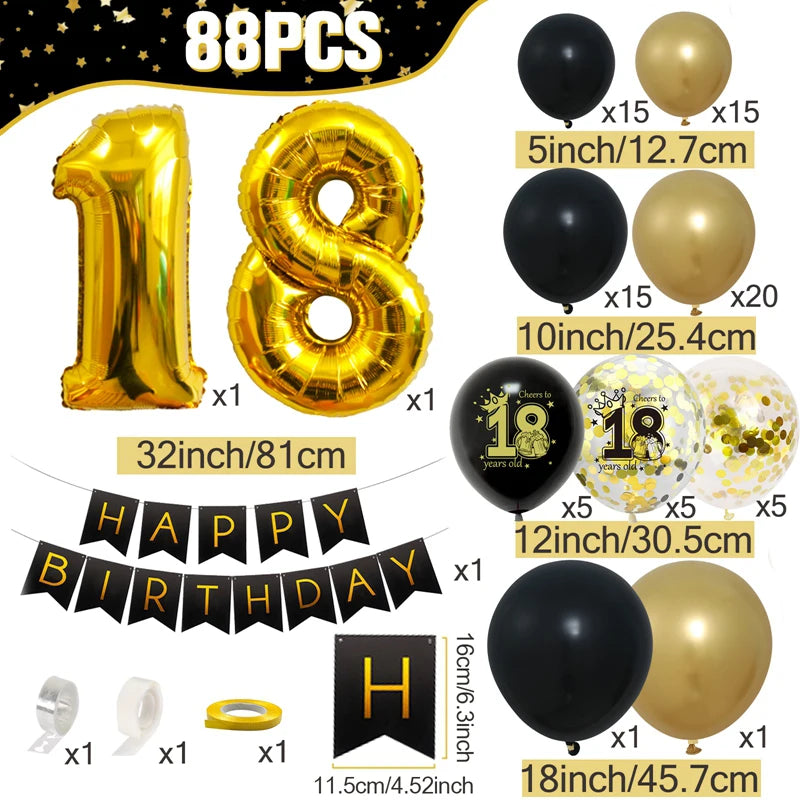 A set of 88 party balloons including foil numbers, latex balloons in black and gold, and ribbon accessories for a birthday ce