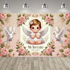 A floral backdrop for a First Communion featuring an angel, doves, and a decorative frame.