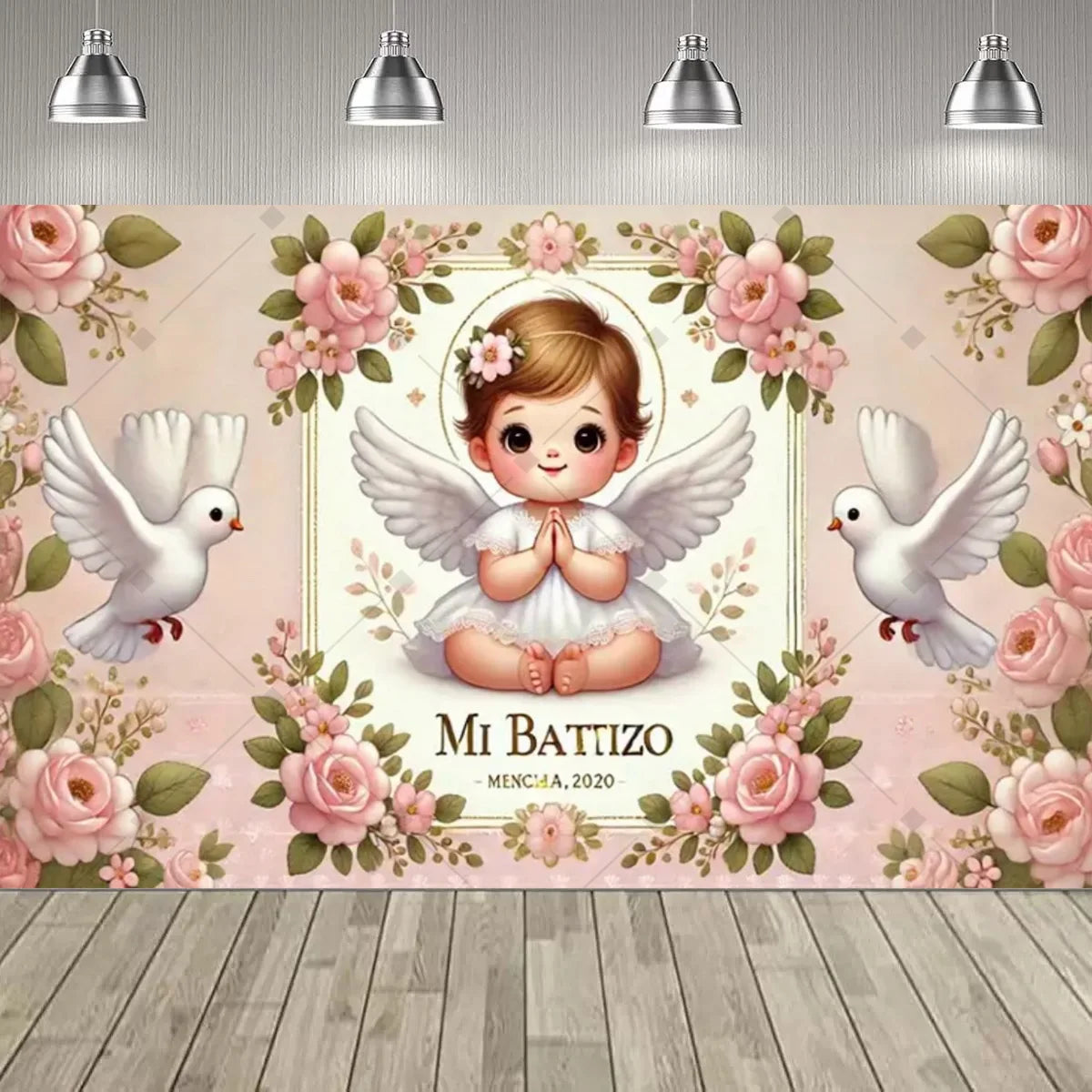 A floral backdrop for a First Communion featuring an angel, doves, and a decorative frame.