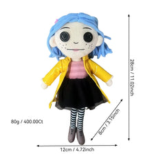 A plush doll of a ghost mother with blue hair and a yellow coat standing upright.