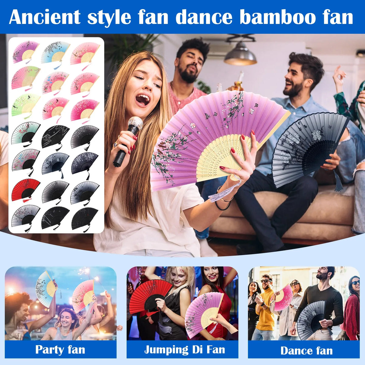 A woman performs a fan dance using a pink bamboo folding fan in a lively performance setting.