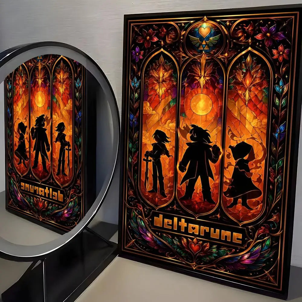 A framed poster featuring characters and artwork from Deltarune set against an ornate, colorful background.