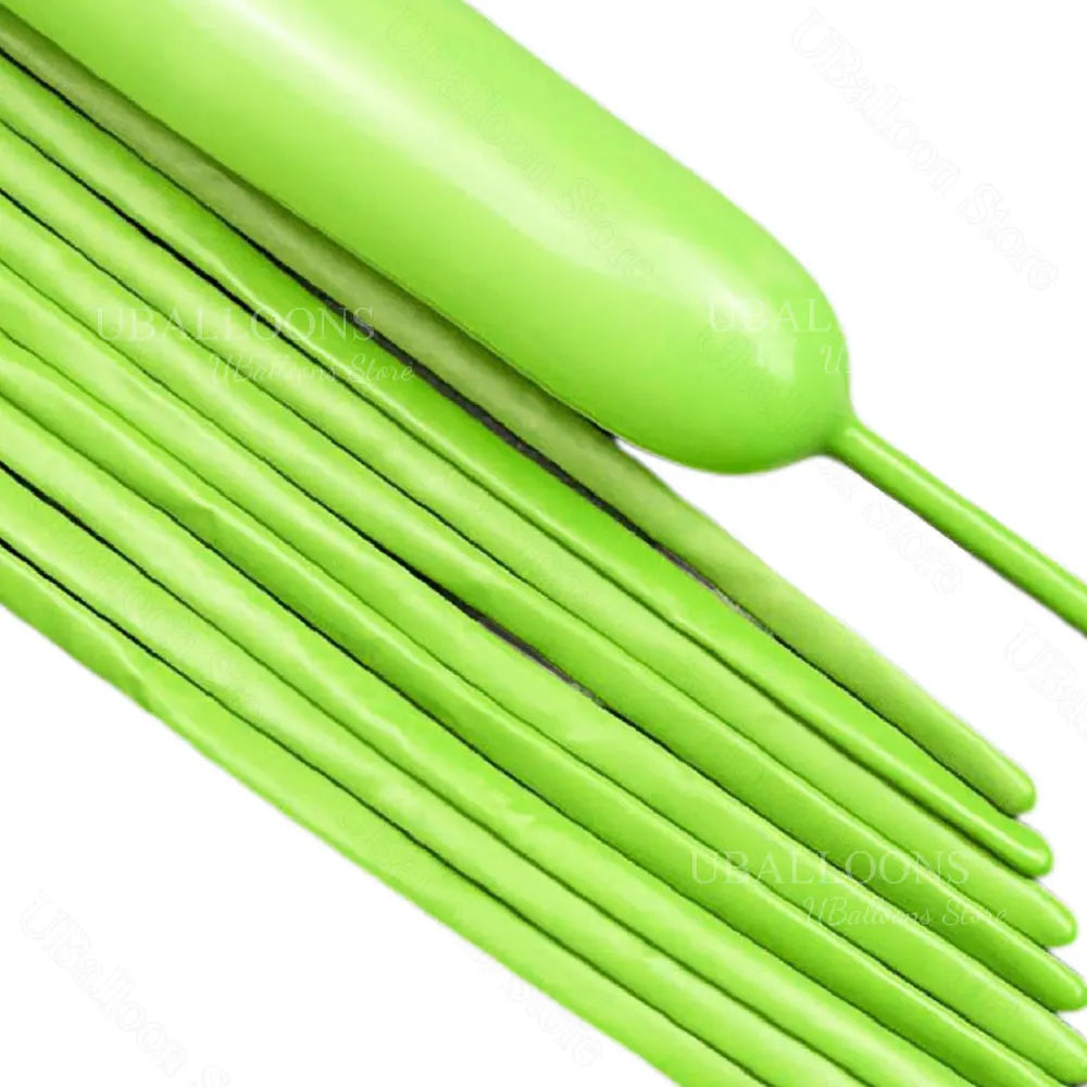 A bundle of bright lime green magic twisting balloons with long stems.