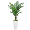 Artificial palm tree floor decor with vibrant green fronds planted in a white cylindrical pot