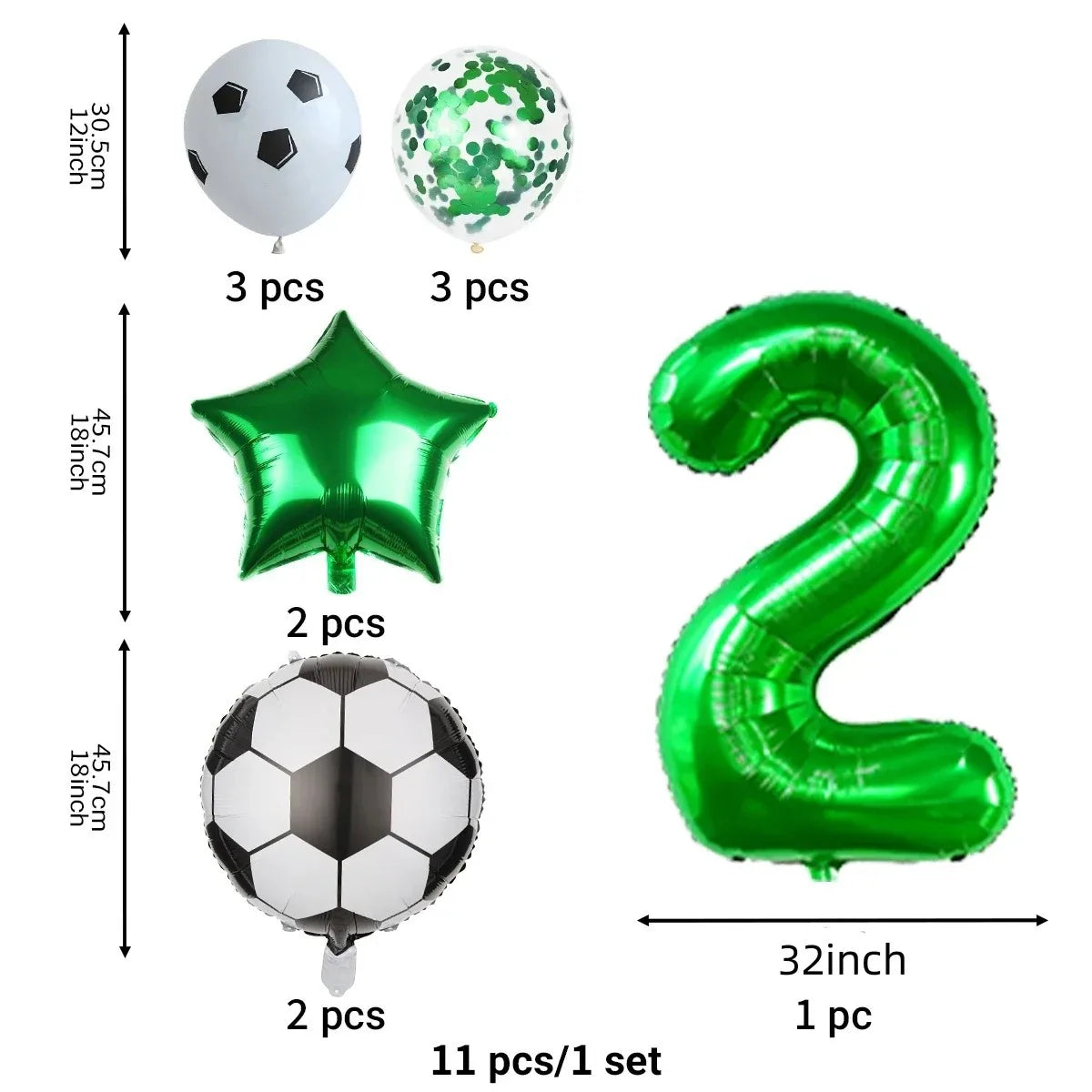 A set of green and white balloons including a soccer ball, a star, and the number two balloon.