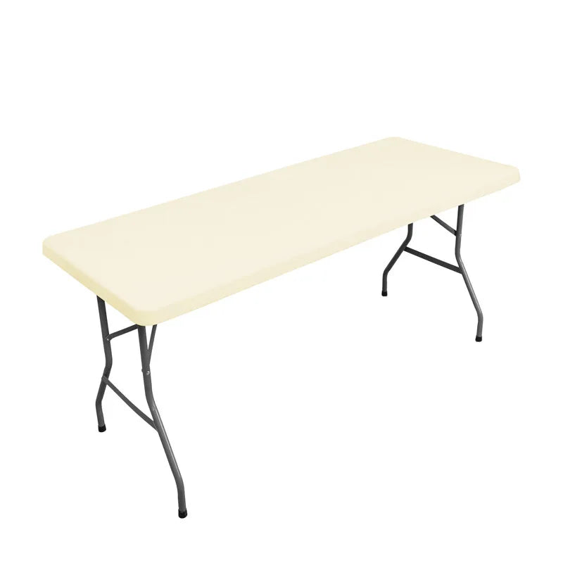 A rectangular table with a light beige stretch elastic tablecloth cover and black metal legs.