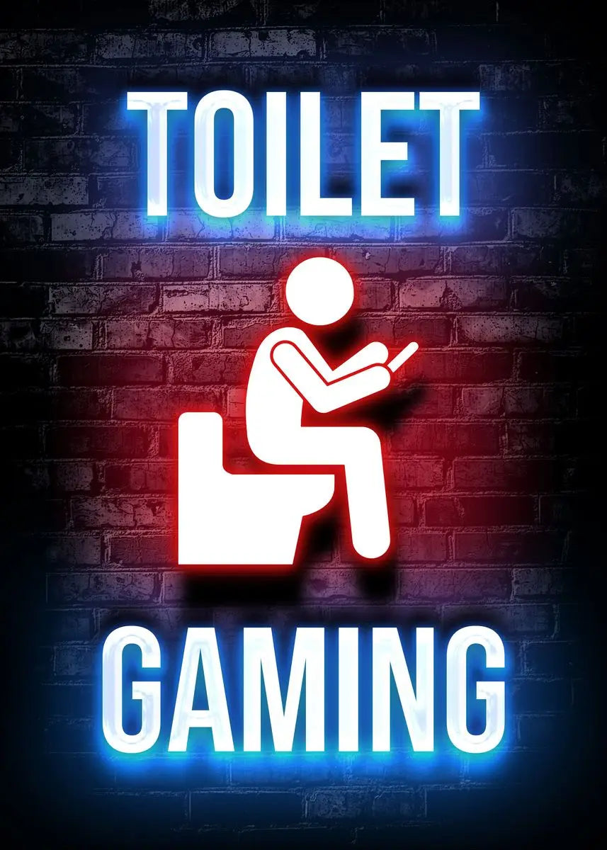 Neon sign featuring the words TOILET and GAMING on a brick wall background.
