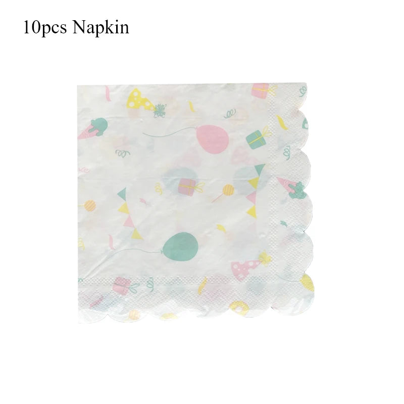A pack of 10 disposable paper napkins featuring colorful cartoon designs for parties and celebrations.