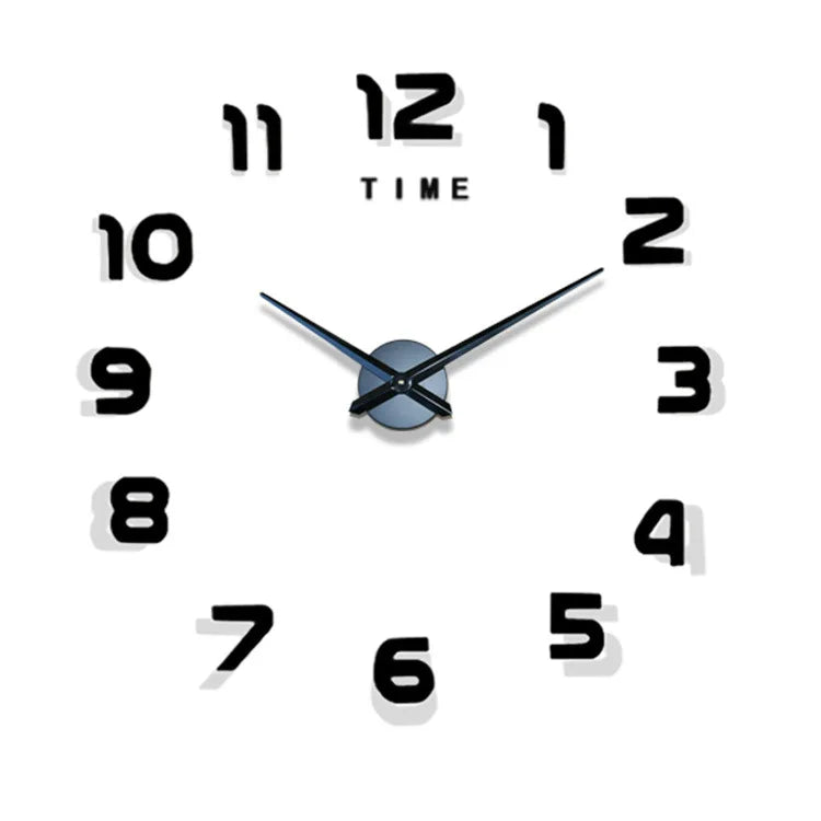 A modern 3D acrylic wall clock face showing the time as 12:00 with black hands and white numbers.