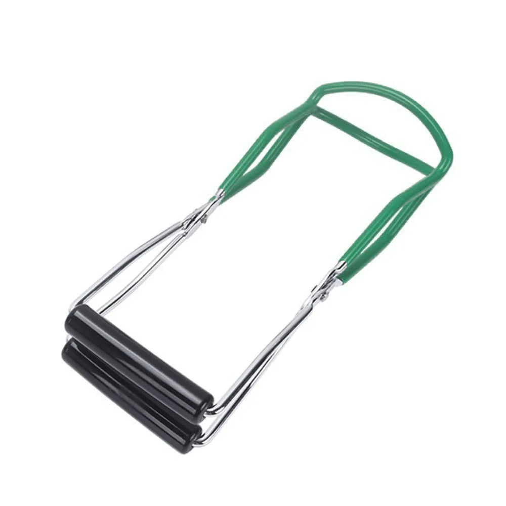 Stainless steel canning jar lifter with a green handle and non-slip grip