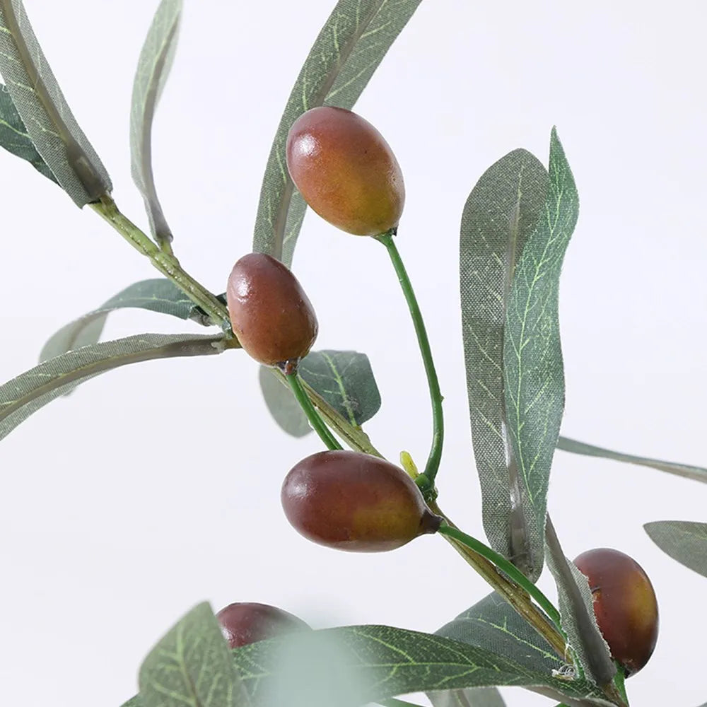 Artificial olive branch with realistic brown fruits and silk green leaves for home decor