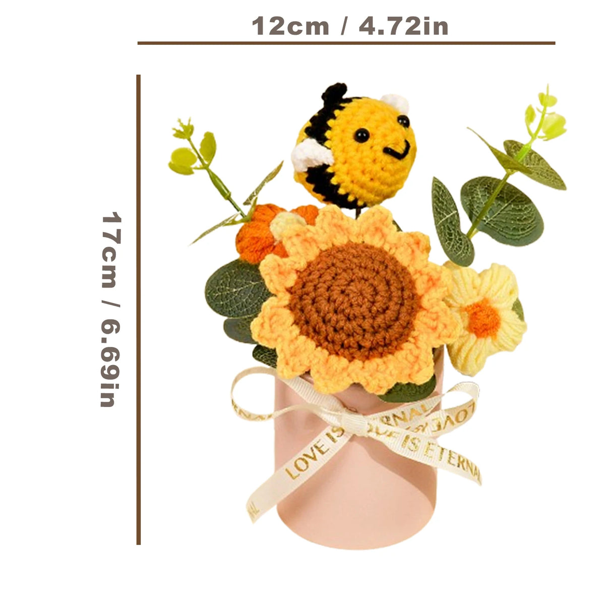 Handmade crochet sunflower bouquet with a bee, presented in a pink gift box.