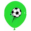 A bright green latex balloon with a black soccer ball graphic and streamers.