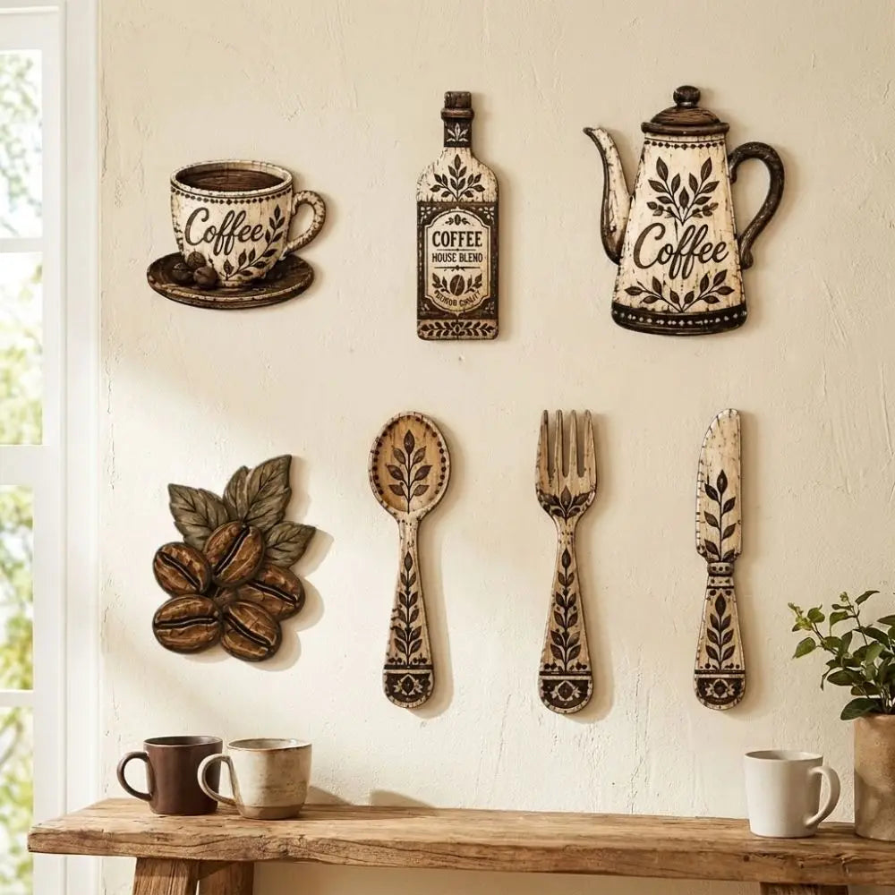 A vintage wooden coffee utensil set displayed on a white wall, featuring a coffee pot, spoon, fork, and knife.