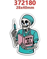 A cartoon skull wearing a nurse uniform holding a book titled How to Be a Nurse