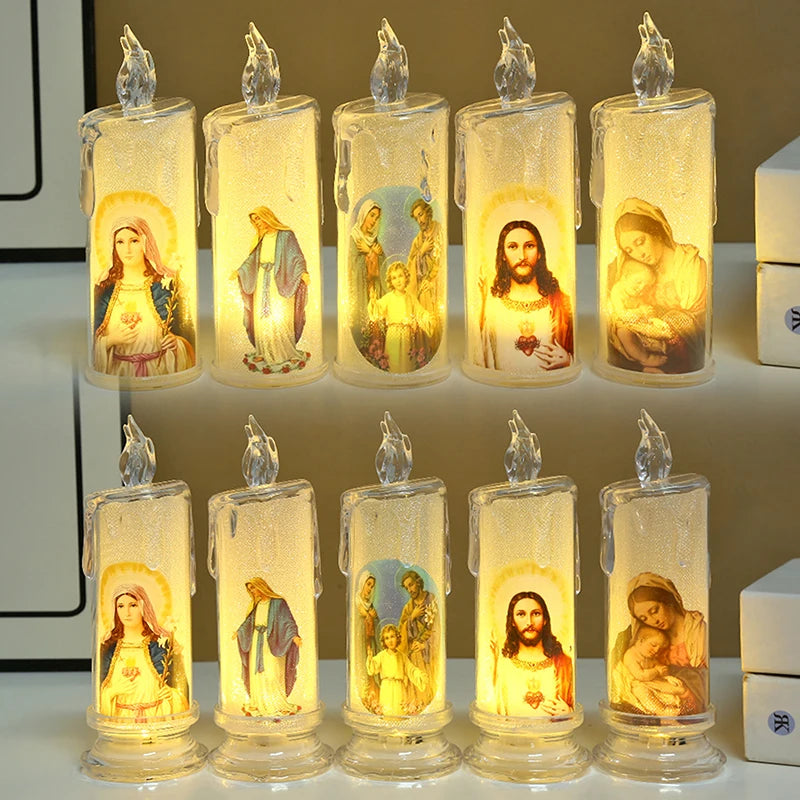 A set of five clear glass candles with LED lights depicting religious figures like the Virgin Mary and Jesus.