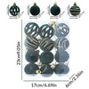 A set of six velvet Christmas tree hanging ornaments in dark green and gold glitter, displayed with size measurements.