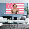 A decorative flag banner featuring a patriotic design with red, white, and blue stripes and stars on a wall.