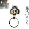 Silver metal belt keychain featuring a textured T charm and a circular ring.