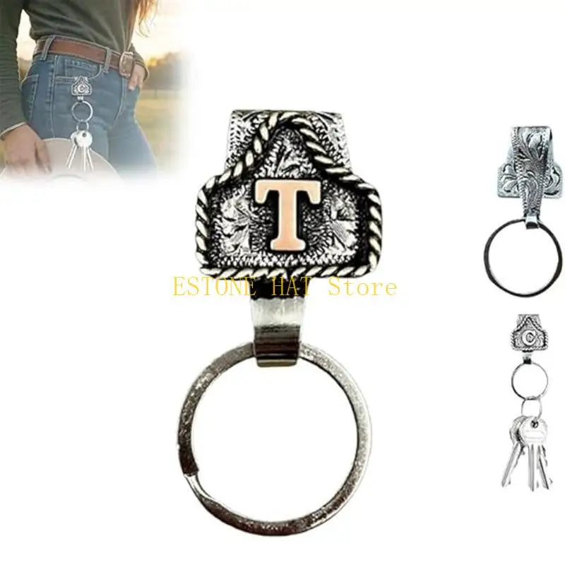 Silver metal belt keychain featuring a textured T charm and a circular ring.