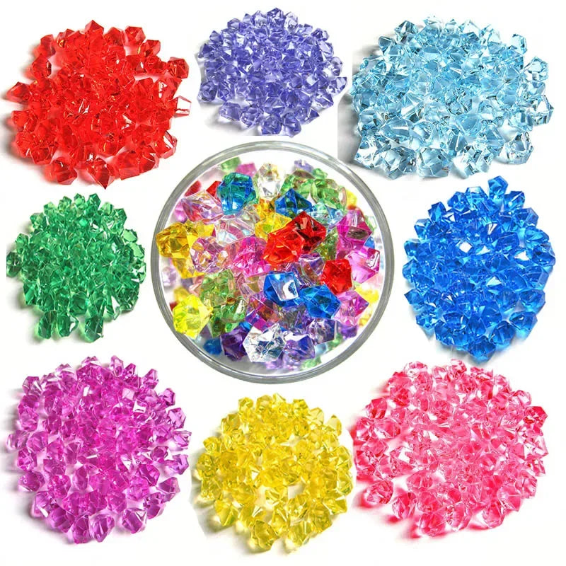 A collection of 100 acrylic crystal ice cubes in various colors including red, purple, blue, green, yellow, and pink.