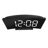 A black LED alarm clock with a digital display showing 12:08 and control buttons.