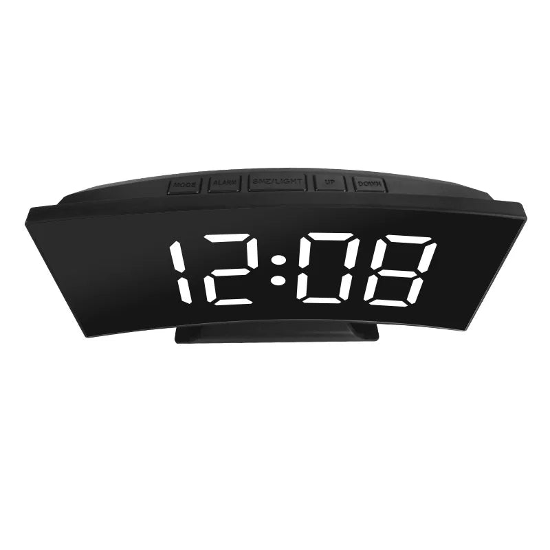 A black LED alarm clock with a digital display showing 12:08 and control buttons.