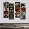 A set of four vertical Japanese samurai ukiyo-e tiger canvas wall art prints with wooden hanging scrolls displayed on a gray 