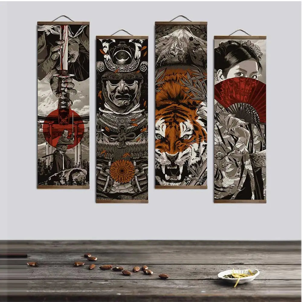 A set of four vertical Japanese samurai ukiyo-e tiger canvas wall art prints with wooden hanging scrolls displayed on a gray 
