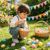 A young child sits in a grassy field surrounded by many colorful painted eggs and several woven rattan storage baskets.